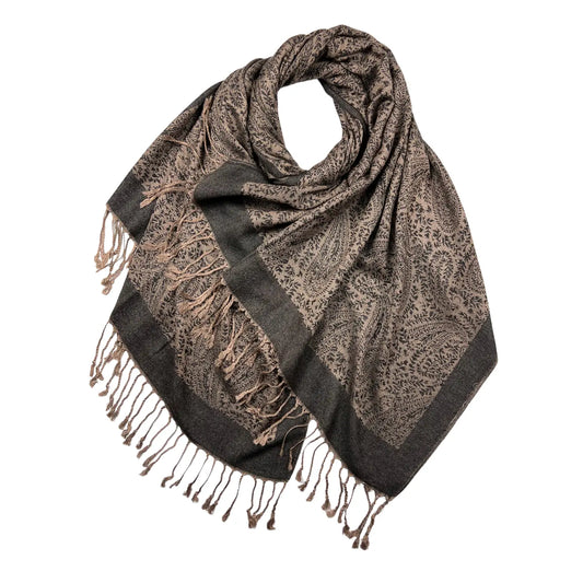 Plain Pashmina with Paisley Print Finished with Fringes - PASH 405 BLACK