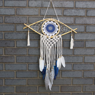 Protection Dream Catcher - Med Macrame Evil Eye White/ Blue/Grey - DC1 - The Hare and the Moon