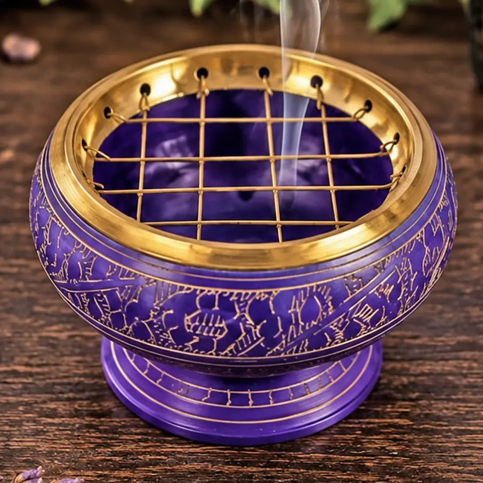 Purple Hand Engraved Brass Resin Burner - 40050