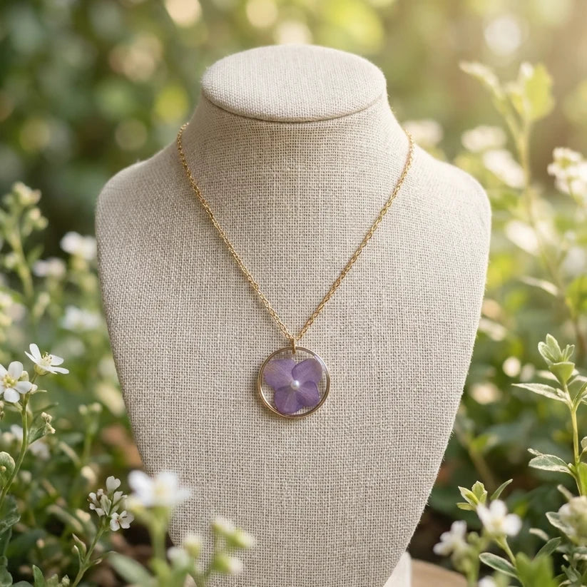 Purple Hydrangea Gold Plated Stainless Steel Necklace with Pearl  - Work By Nature -  F-HP-20F-N-18
