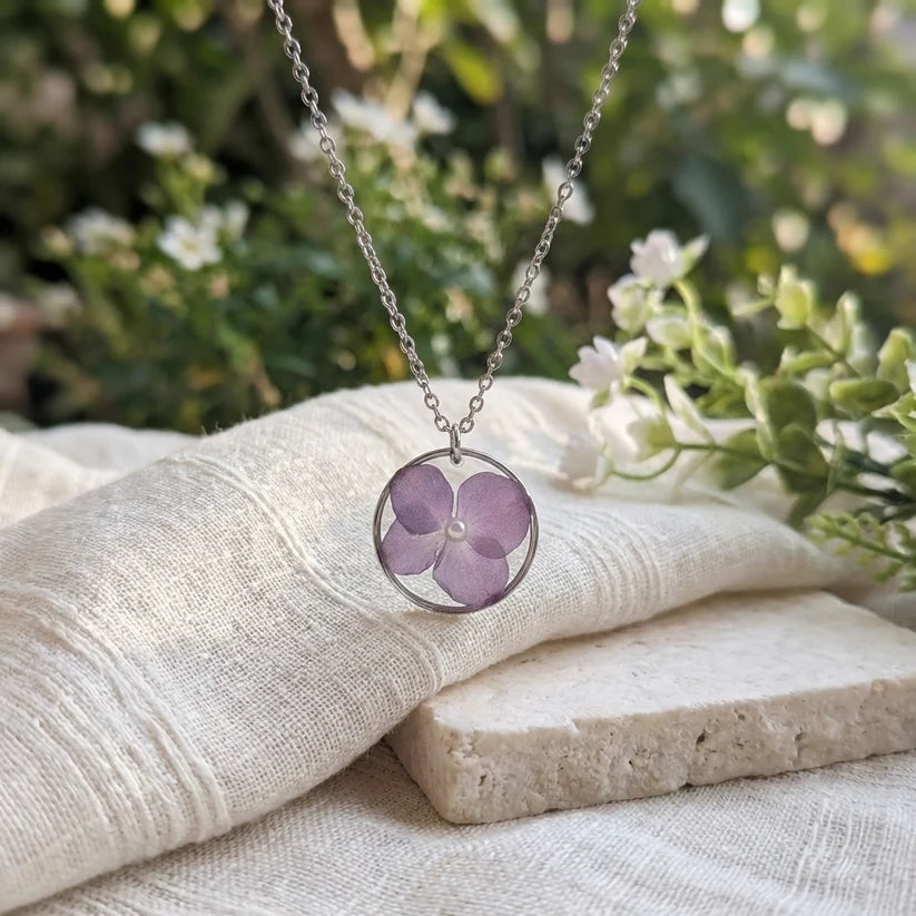 Purple Hydrangea Stainless Steel Necklace with Pearl - Work By Nature - F-HP-20F-N-SS