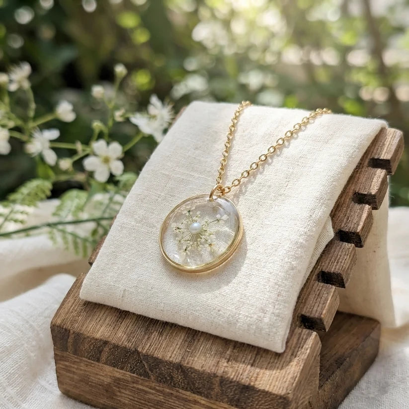 Queen Anne’s Lace Gold Plated Stainless Steel Necklace with Pearl - Work By Nature - F-QG-20F-N-18