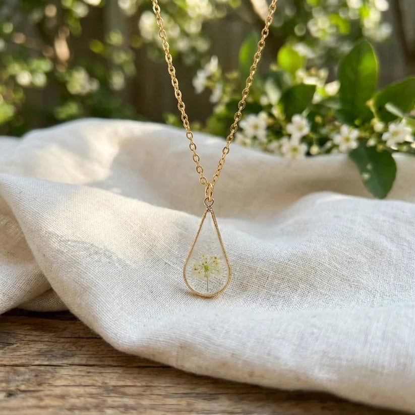 Queen Anne’s Lace Little Tree Waterdrop Gold Plated Stainless Steel Necklace  - Work By Nature - F-QS-W-N-18