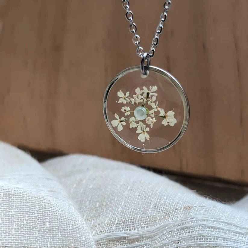Queen Anne’s Lace Stainless Steel Necklace with Pearl - Work By Nature - F-QG-20F-N-SS