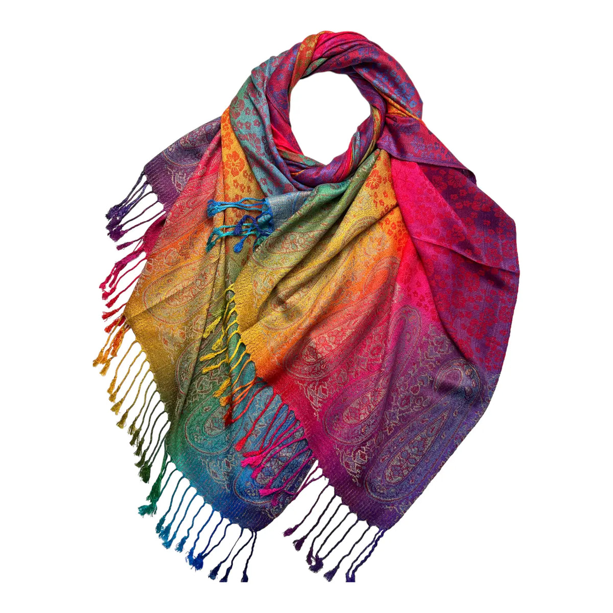 Rainbow Pashmina Sakura Flower Print with Tassels - PASH RAINBOW SAKURA FLOWER RED