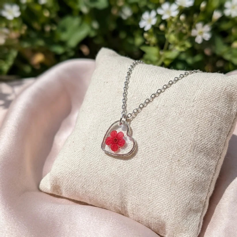 Red Spiraea Heart Stainless Steel Necklace  - Work By Nature - F-SR-H-N-SS