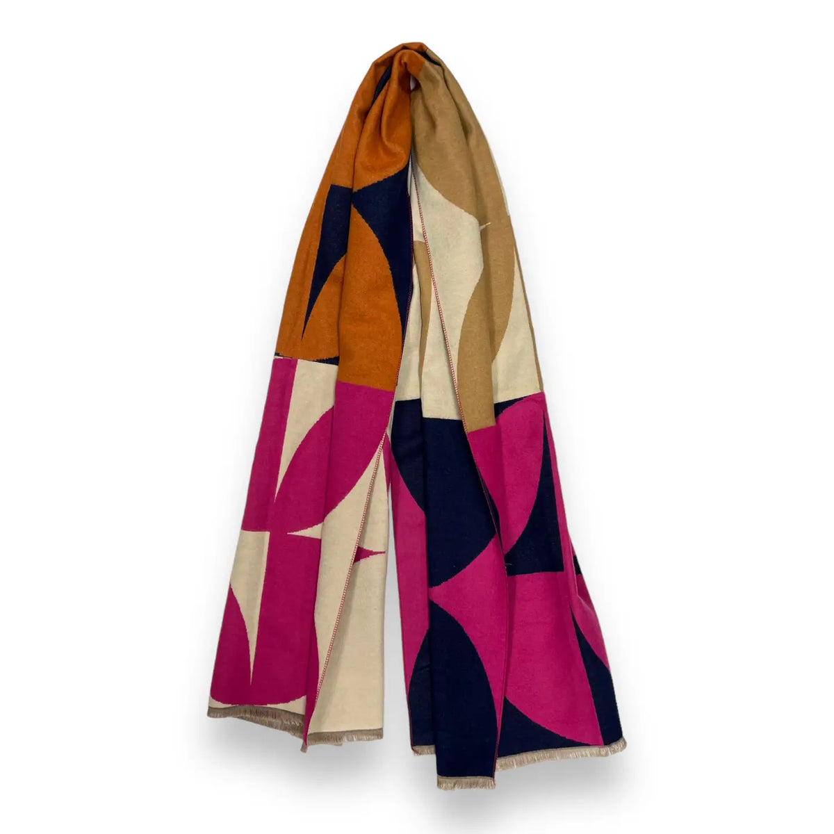Retro Print On Cashmere Blend Scarf Finished with Fringes - W-RETRO HOT NAVI