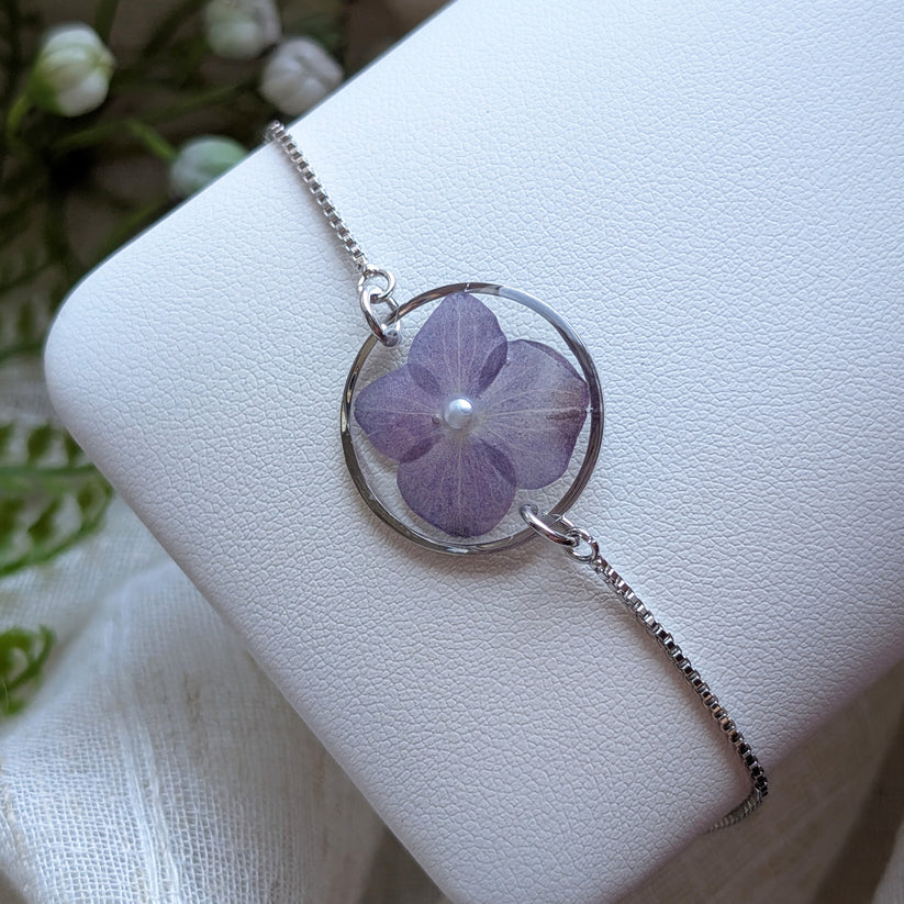 Purple Hydrangea Platinum Plated Adjustable Bracelet with Pearl  - Work By Nature -  F-HP-20F-B-P