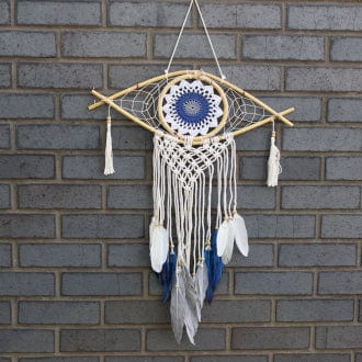 Ancient Wisdom Dreamcatchers Protection Dream Catcher - Med Macrame Evil Eye White/ Blue/Grey - DC1