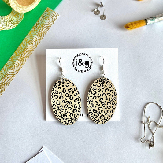 Beige and Black Cheetah Print Oval Dangles - GN5 - The Hare and the Moon