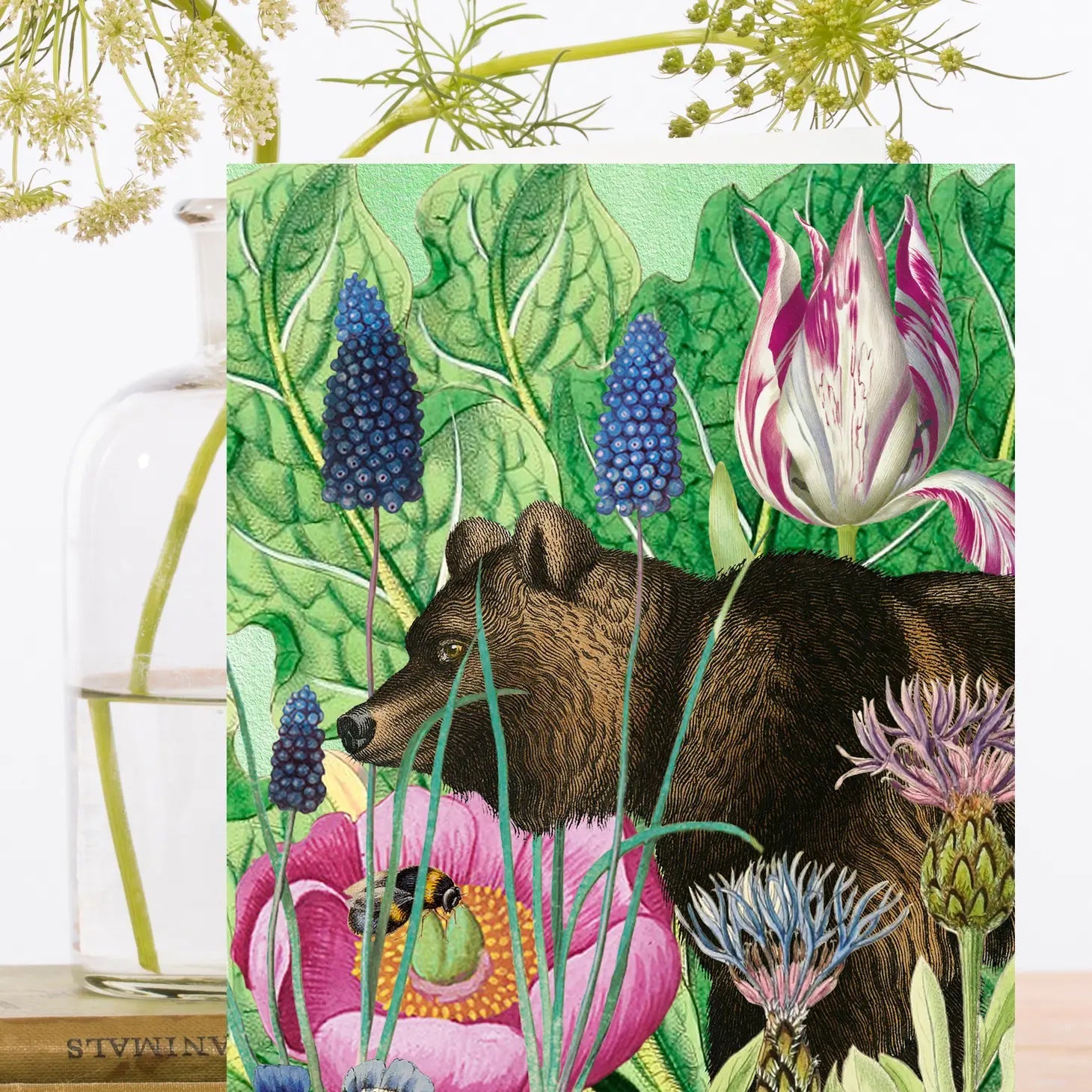 Blank Vintage Flowers with Bear Greeting Card - RS232P - The Hare and the Moon