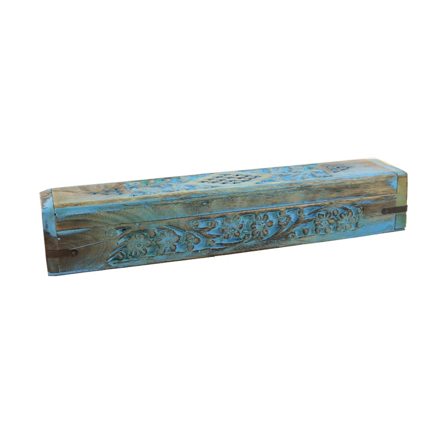 Blue Floral Hand Carved Incense Wooden Box - The Hare and the Moon