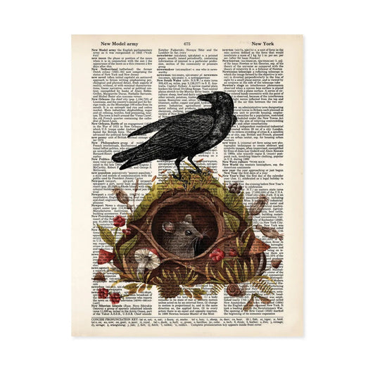 Blue Poppy Gallery Prints Blackbird Perched On Mouse Burrow with Mushrooms and Berries - BP398