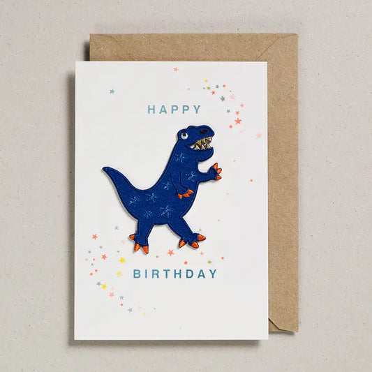 'happy Birthday' Blue Dinosaur Iron On Patch Birthday Card - GC-PAT-0027