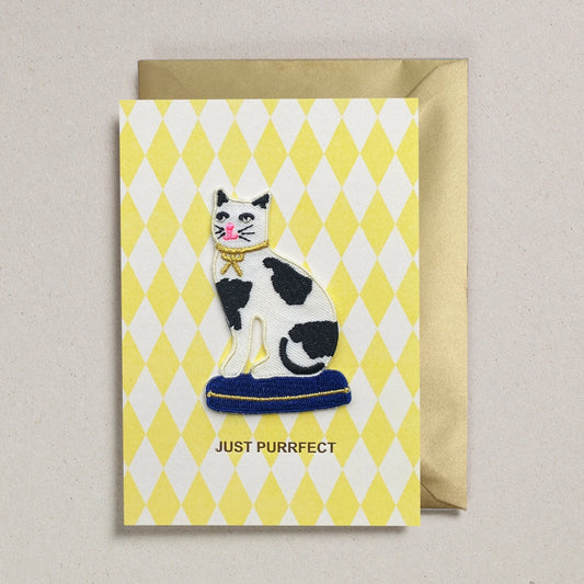 'just Purrfect' Cat with Bow Iron On Patch Greeting Card - GC-PAT-0060