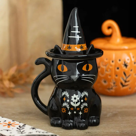 Frightful Folk Black Cat Halloween Lidded Mug