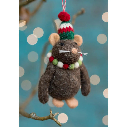 Felt So Good Christmas Decorations Brown Felt Mouse in Christmas Hat - XM432