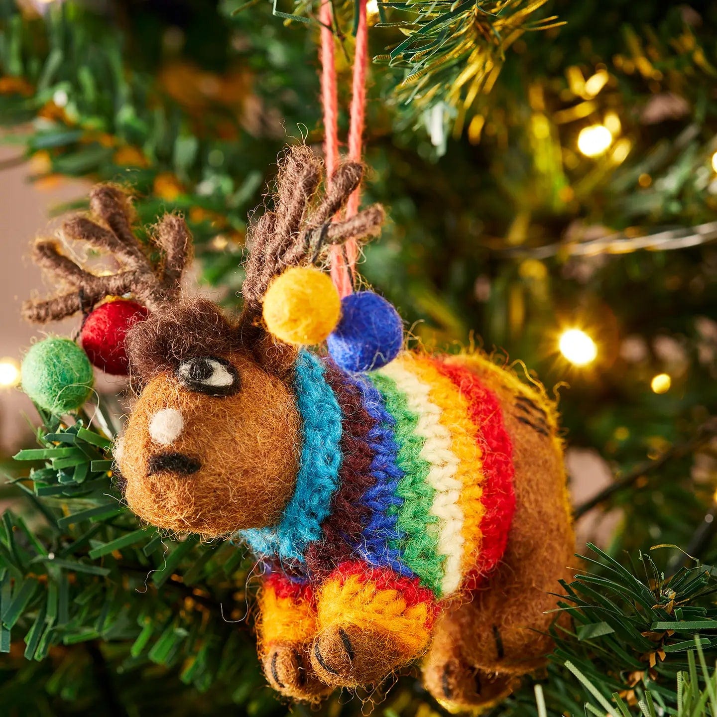 Felt So Good Christmas Decorations Felt Reindeer in Rainbow Knitted Wool Jumper - XM50