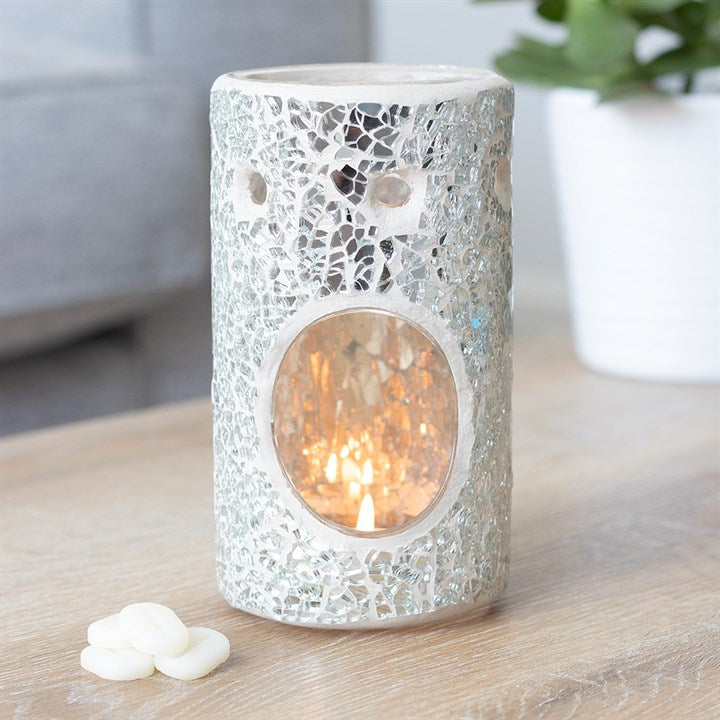 SILVER PILLAR CRACKLE GLASS OIL BURNER & WAX WARMER
