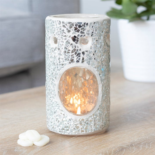 SILVER PILLAR CRACKLE GLASS OIL BURNER & WAX WARMER