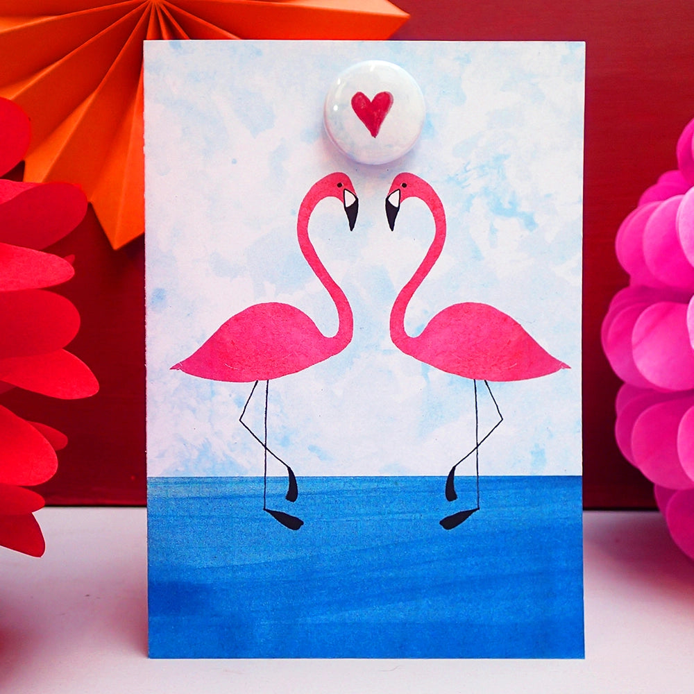 Flamingos Heart - Greeting Card with Badge - C97