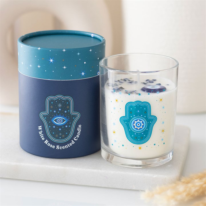 Hand of Hamsa White Rose Candle with Crystals - ED_33826