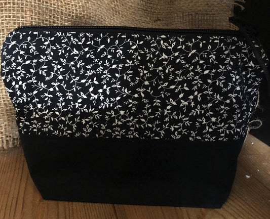 Handmade Cotton Toiletry Makeup Bag - Black Flowers - The Hare and the Moon