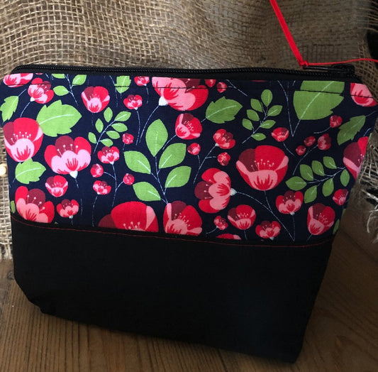 Handmade Cotton Toiletry Makeup Bag - Red Poppies - The Hare and the Moon