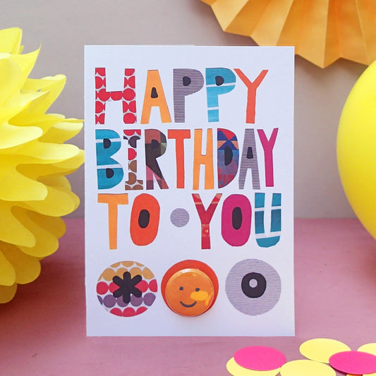 Collage Text Happy Birthday Greeting Card with Badge - C82