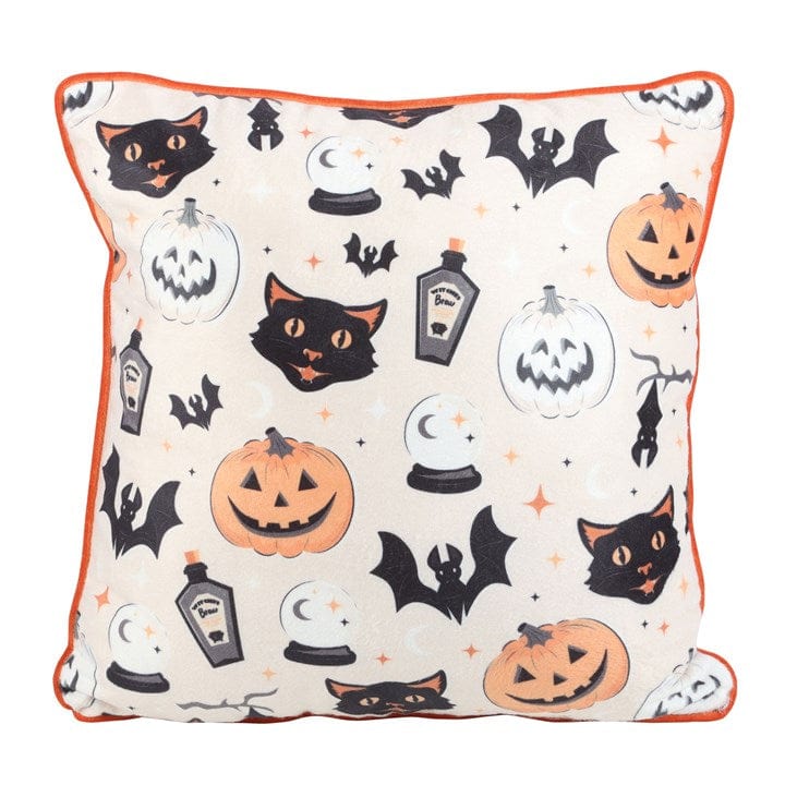 Jones Home & Gift Cushions 35CM SQUARE SPOOKY CAT AND PUMPKIN PRINT CUSHION