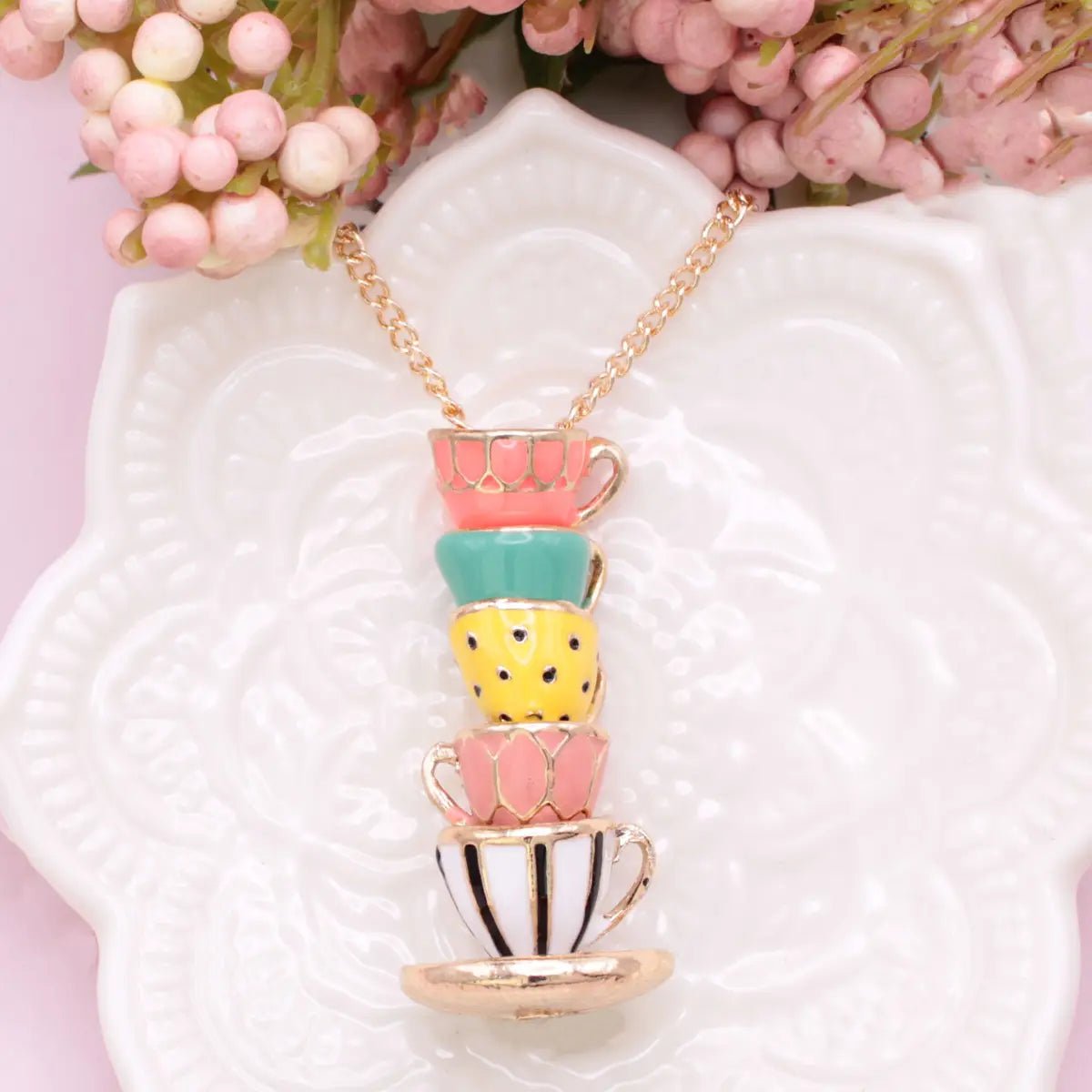 Mad Hatter Pastel Teacup Stack Gold Necklace - ZA901 - The Hare and the Moon