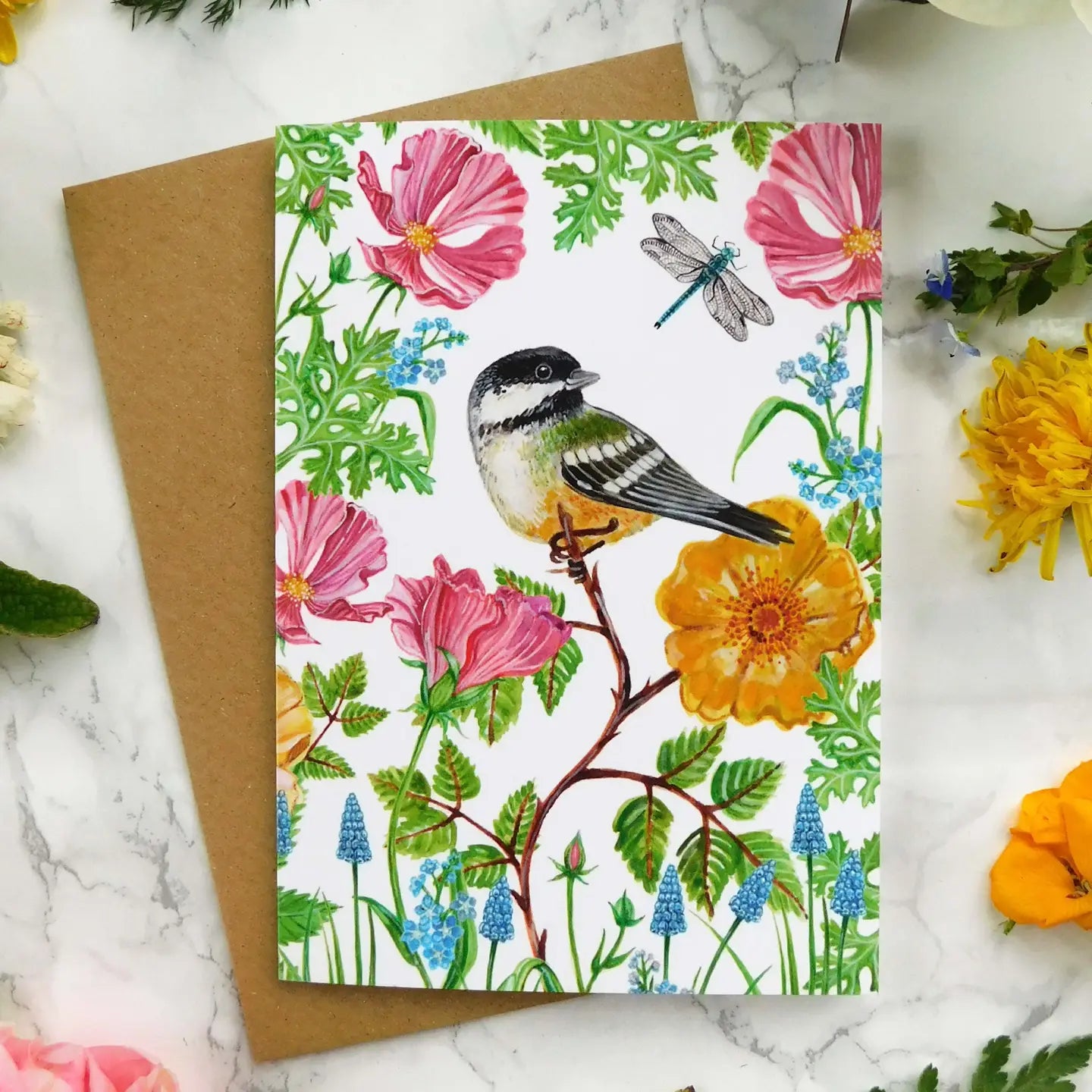 Coal Tit Bird and Flowers Greetings Card - CA60