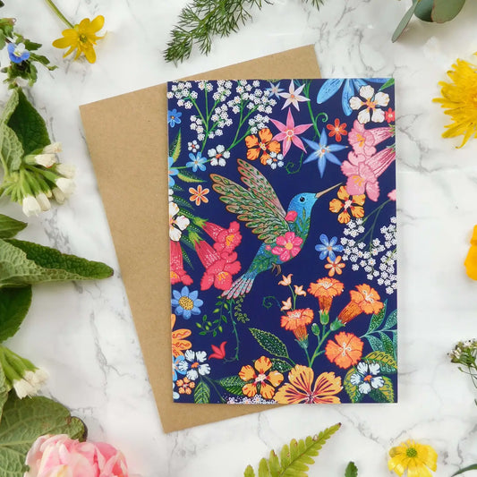Hummingbird and Flowers Greetings Card - CA30