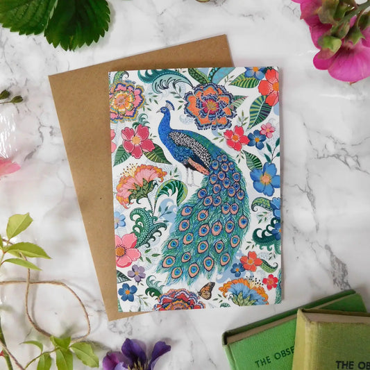 Peacock and Flowers Greetings Card - CA108