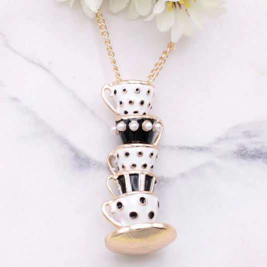 Zad Necklaces Mad Hatter Black Teacup Stack Gold Necklace - ZA900