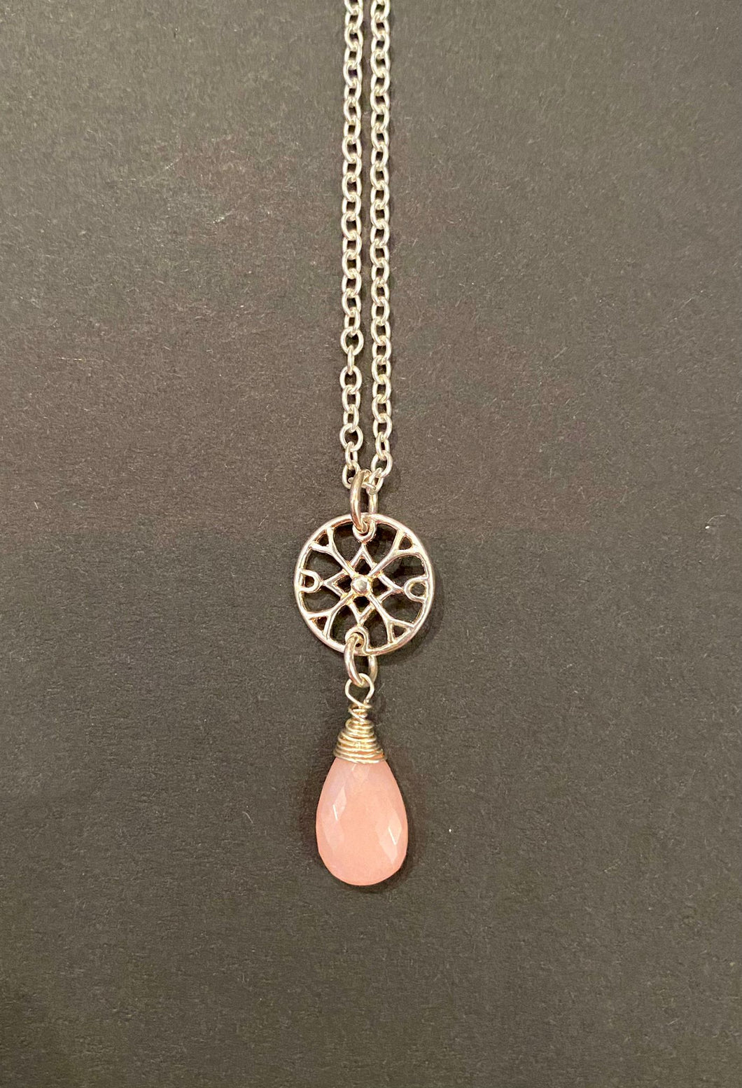 Pink Opal Wire-Wrapped Briolette & 925 Coin Connector Necklace - AN274 - The Hare and the Moon