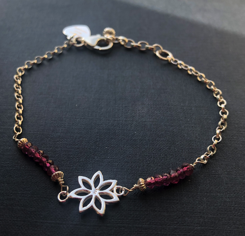 Sterling Silver 925 Flower & Garnet Beaded Stacking Bracelet freeshipping - The Hare and the Moon