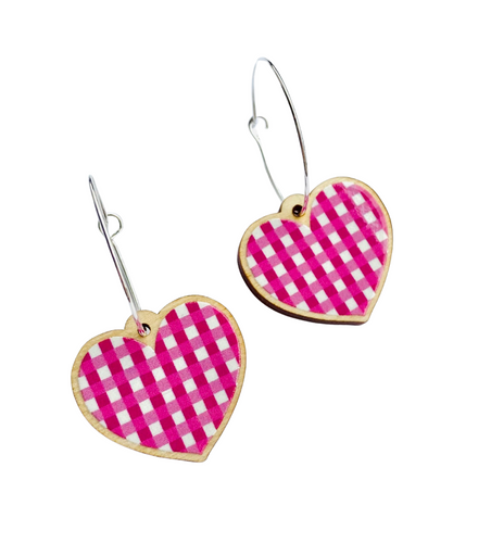 Wooden Pink Gingham Heart Hoop Earrings - GN132 - The Hare and the Moon