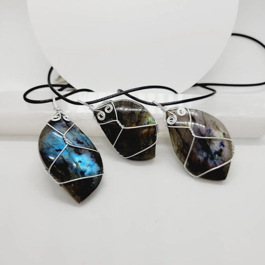 Wire Wrapped Labradorite Necklace Handmade Black Cord - TRE39 - The Hare and the Moon